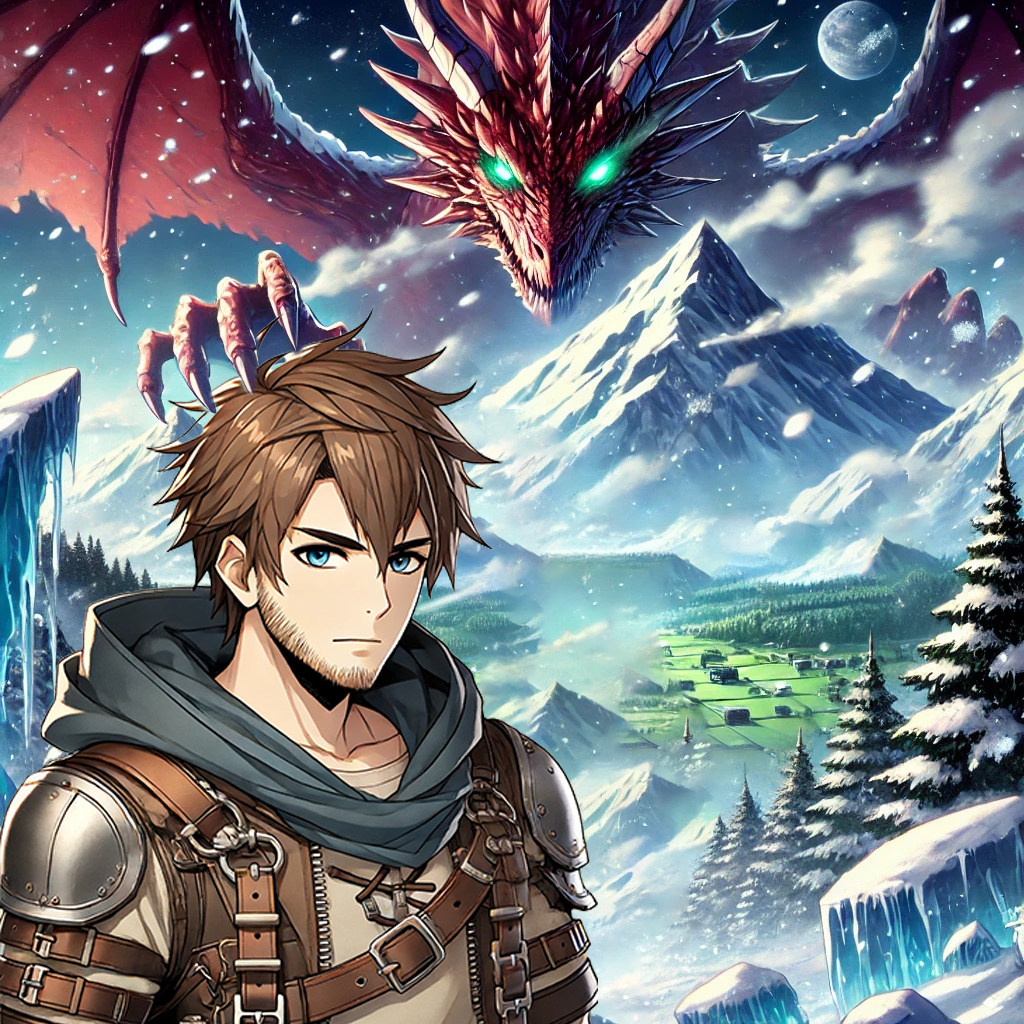 A young man stands in an icy, snowy landscape with determination in his blue eyes and a three-day beard. He wears a rugged adventurer's outfit, featuring a leather harness and a gray scarf. Behind him is a massive red dragon with glowing green eyes, rising from behind a mountain peak. The scene is set against a backdrop of jagged snowy mountains and a green valley with dark pine trees, creating a dramatic contrast between the cold ice and the warmth of nature. Snow swirls in the air, emphasizing the harsh, wintry environment.